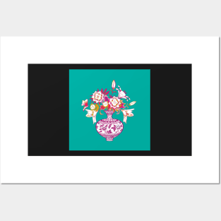 drawing of a floral bouquet on turquoise Posters and Art